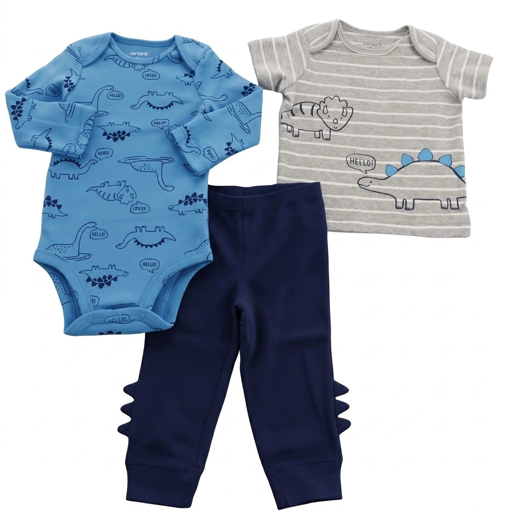 Carters Infant Baby Boys 3pc Pants & Tops Dinosaur Outfit Set 6M Navy Blue Gray